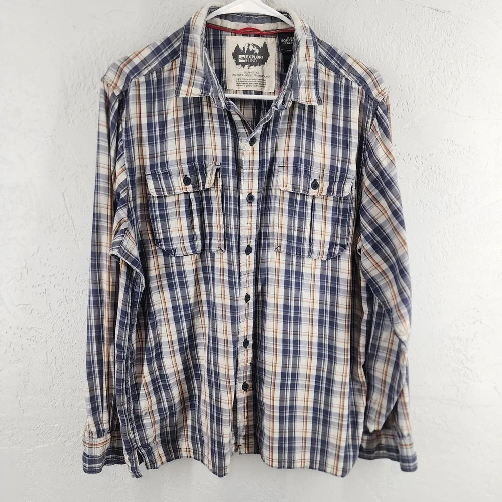 The North Face Mens Large Blue Orange Plaid Button Down Explore Fund Shirt ATUJ